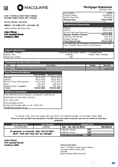 Download Australia Macquire Bank mortgage statement scr Photoshop template